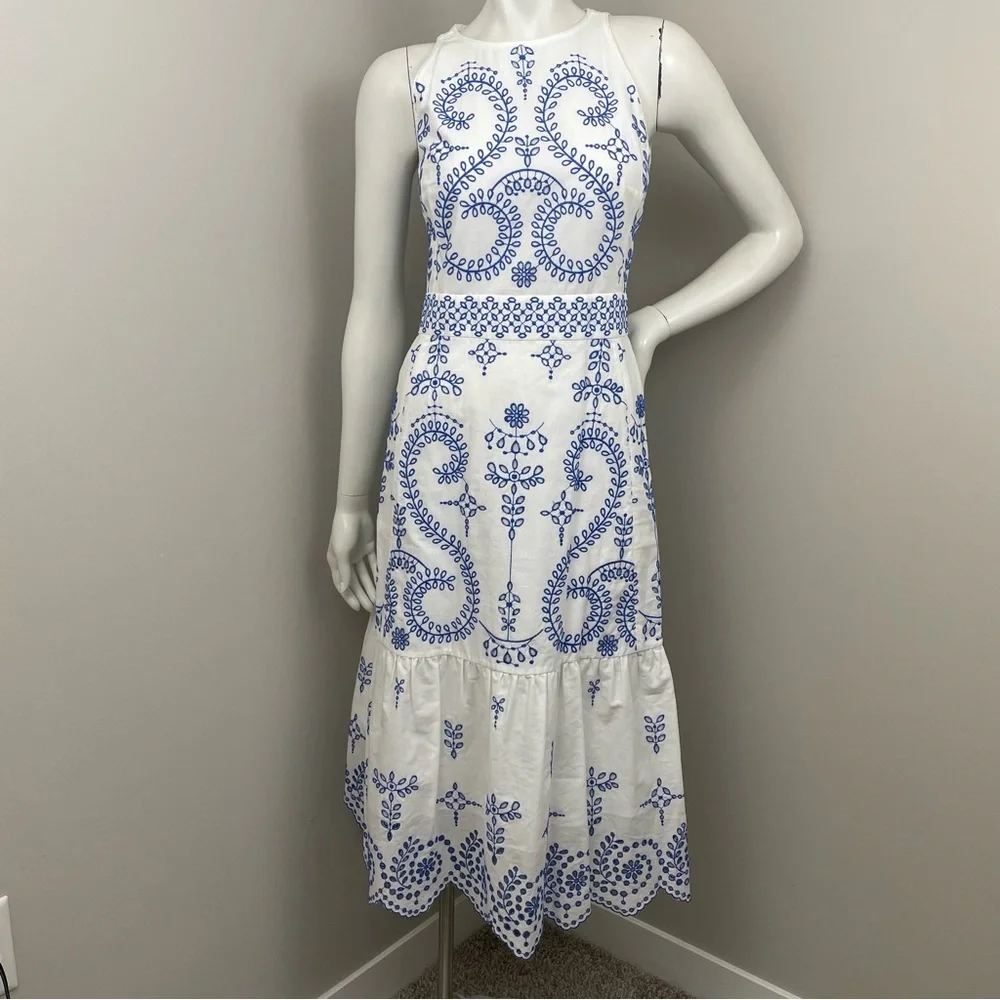 Tory Burch White Midi Dress with Blue Embroidery